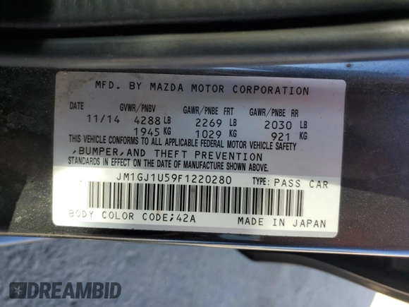 2015 Mazda 6 i Sport with VIN JM1GJ1U59F1220280, listed as a Copart auction lot 52250465 with 112,661 mi miles and Salvage Title. Bid and sale history available at carsss.com. Image 12.