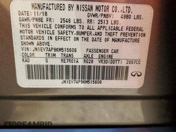2019 Infiniti Q50 Luxe z VIN JN1EV7AP9KM515606, wystawiony jako Copart lot #53248805 z przebiegiem 100 081 mil mil oraz Nie do naprawy • Non repairable. Historia ofert i sprzedaży dostępna na DreamBid. Obrazek 12.