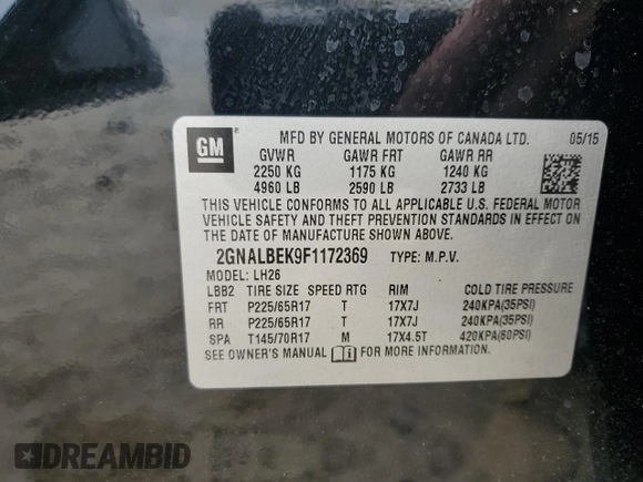 2015 Chevrolet Equinox LT with VIN 2GNALBEK9F1172369, listed as a Copart auction lot 54160535 with 148,050 mi miles and Salvage Title. Bid and sale history available at carsss.com. Image 13.