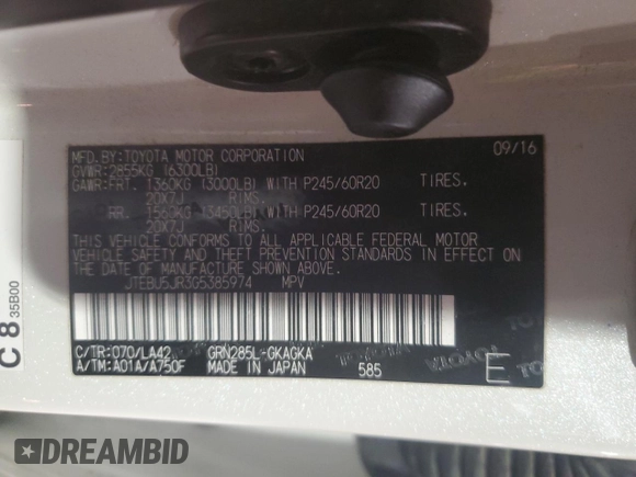 2016 Toyota 4Runner Limited with VIN JTEBU5JR3G5385974, listed as a Copart auction lot 53123865 with Not provided miles and Salvage title. Bid and sale history available at DreamBid. Image 13.