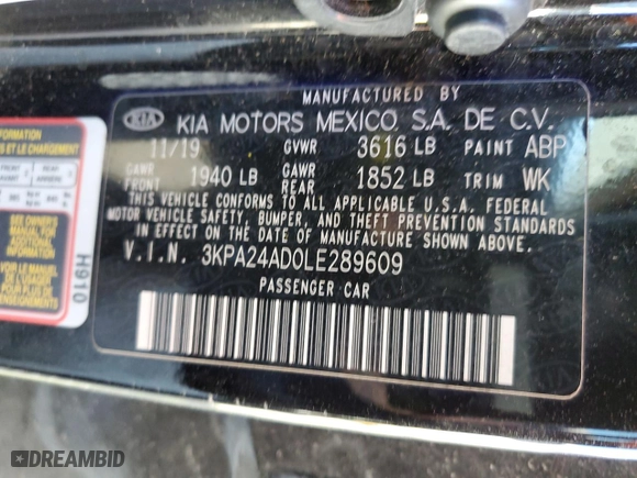 2020 Kia Rio S with VIN 3KPA24AD0LE289609, listed as a Copart auction lot 50004735 with 57,497 mi miles and Salvage Title. Bid and sale history available at carsss.com. Image 12.