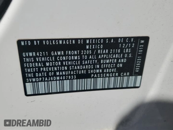 2013 Volkswagen Jetta SE with VIN 3VWDP7AJ6DM407933, listed as a Copart auction lot 55151125 with 127,794 mi miles and Salvage title. Bid and sale history available at DreamBid. Image 12.