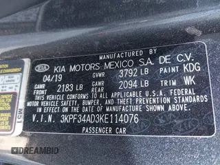 2019 Kia Forte S with VIN 3KPF34AD3KE114076, listed as a IAAI auction lot 41130841 with 159,321 mi miles and . Bid and sale history available at carsss.com. Image 9.
