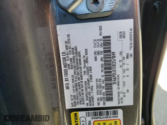 2014 Ford Fusion SE Hybrid with VIN 3FA6P0LU1ER357849, listed as a Copart auction lot 55530325 with 225,767 mi miles and Clean Title. Bid and sale history available at carsss.com. Image 12.