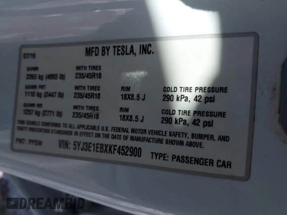 2019 Tesla Model 3 Long Range with VIN 5YJ3E1EBXKF452900, listed as a IAAI auction lot 41454947 with 93,277 mi miles. Bid and sale history available at carsss.com. Image 9.