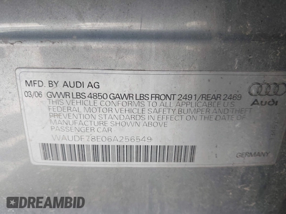 2006 Audi A4 2.0T with VIN WAUDF78E06A256549, listed as a IAAI auction lot 42072431 with 188,805 mi miles. Bid and sale history available at carsss.com. Image 9.