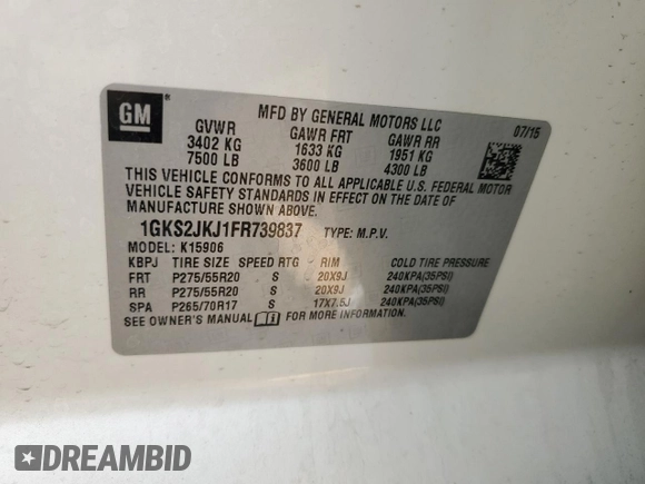 2015 GMC Yukon XL Denali with VIN 1GKS2JKJ1FR739837, listed as a Copart auction lot 54489665 with 171,270 mi miles and Clean Title. Bid and sale history available at carsss.com. Image 13.