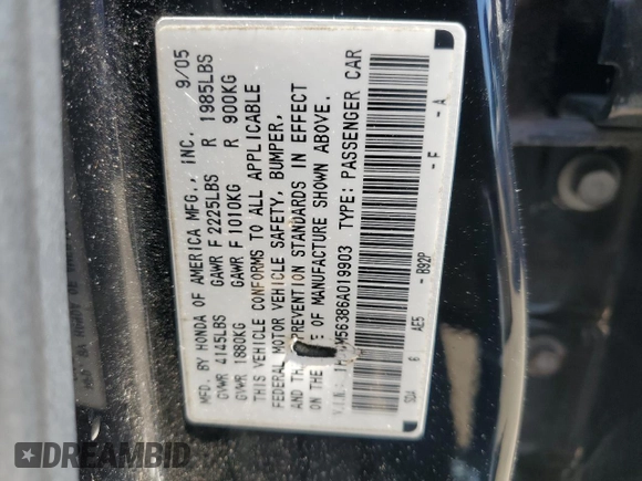 2006 Honda Accord LX SE with VIN 1HGCM56386A019903, listed as a Copart auction lot 57084755 with 170,823 mi miles and Salvage title. Bid and sale history available at DreamBid. Image 12.