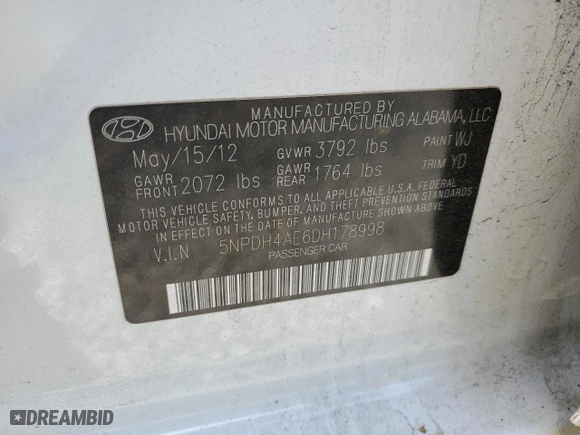 2013 Hyundai Elantra Limited PZEV with VIN 5NPDH4AE6DH178998, listed as a Copart auction lot 51483005 with 183,314 mi miles and Salvage Title. Bid and sale history available at carsss.com. Image 12.