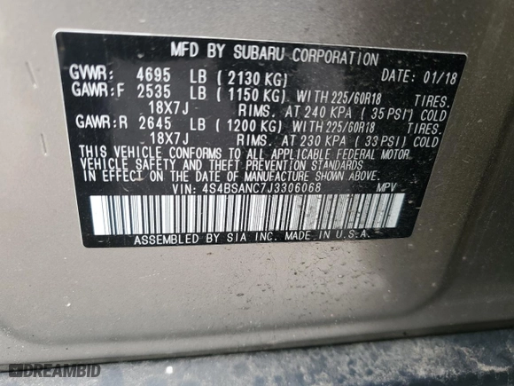 2018 Subaru Outback Limited with VIN 4S4BSANC7J3306068, listed as a Copart auction lot 52947765 with 75,438 mi miles and Salvage Title. Bid and sale history available at carsss.com. Image 12.