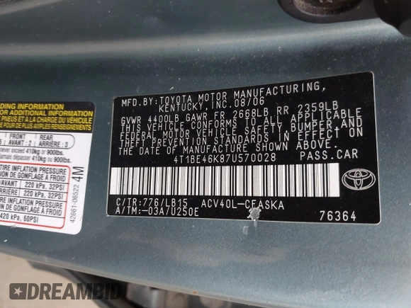 2007 Toyota Camry CE with VIN 4T1BE46K87U570028, listed as a IAAI auction lot 41971321 with 176,760 mi miles and . Bid and sale history available at DreamBid. Image 9.