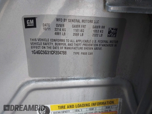 2012 Buick LaCrosse Leather with VIN 1G4GC5G31CF204788, listed as a IAAI auction lot 41615069 with 94,592 mi miles and . Bid and sale history available at DreamBid. Image 9.