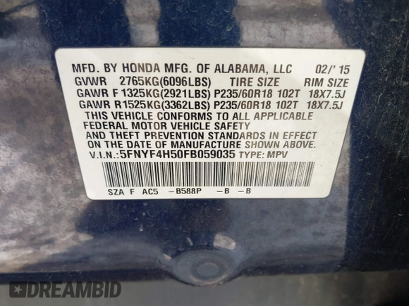 2015 Honda Pilot EX-L with VIN 5FNYF4H50FB059035, listed as a IAAI auction lot 41577953 with 93,717 mi miles and . Bid and sale history available at carsss.com. Image 9.