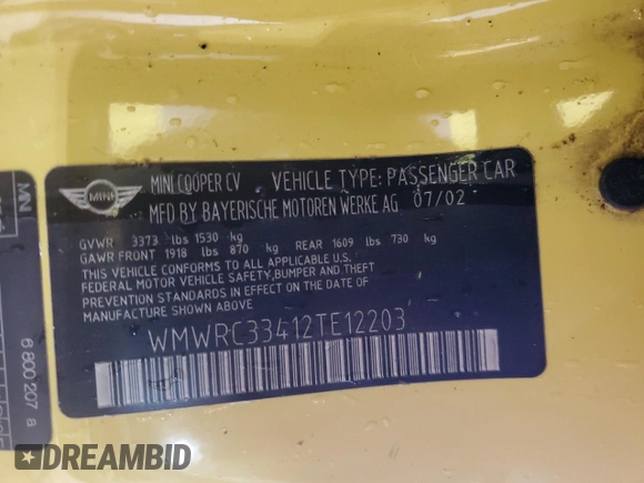 2002 MINI Hardtop z VIN WMWRC33412TE12203, wystawiony jako Copart lot #58246045 z przebiegiem 132 506 mil mil oraz Szkoda całkowita • Salvage title. Historia ofert i sprzedaży dostępna na DreamBid. Obrazek 12.