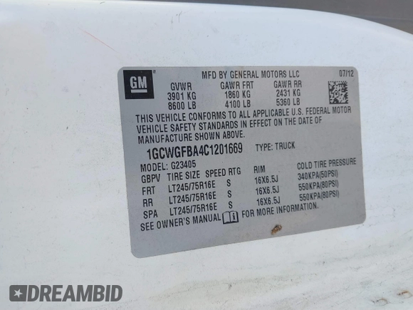 2012 Chevrolet Express Cargo with VIN 1GCWGFBA4C1201669, listed as a IAAI auction lot 41831558 with 267,255 mi miles and . Bid and sale history available at DreamBid. Image 9.