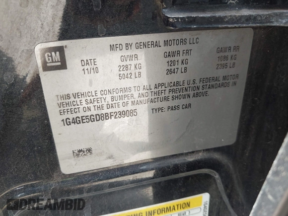 2011 Buick LaCrosse CXS with VIN 1G4GE5GD8BF239085, listed as a IAAI auction lot 42655356 with 127,691 mi miles and . Bid and sale history available at DreamBid. Image 9.