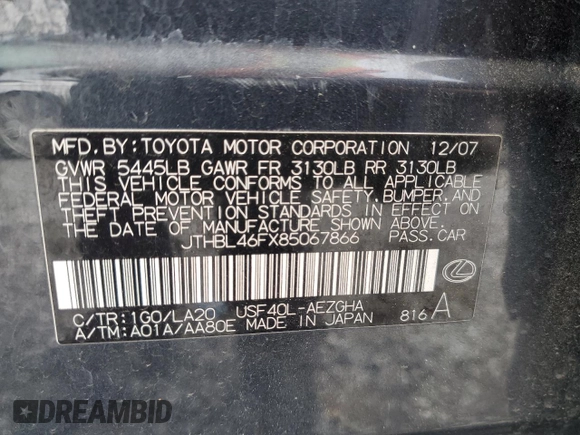 2008 Lexus LS 460 z VIN JTHBL46FX85067866, wystawiony jako Copart lot #56025255 z przebiegiem 218 271 mil mil oraz Szkoda całkowita • Salvage title. Historia ofert i sprzedaży dostępna na DreamBid. Obrazek 12.