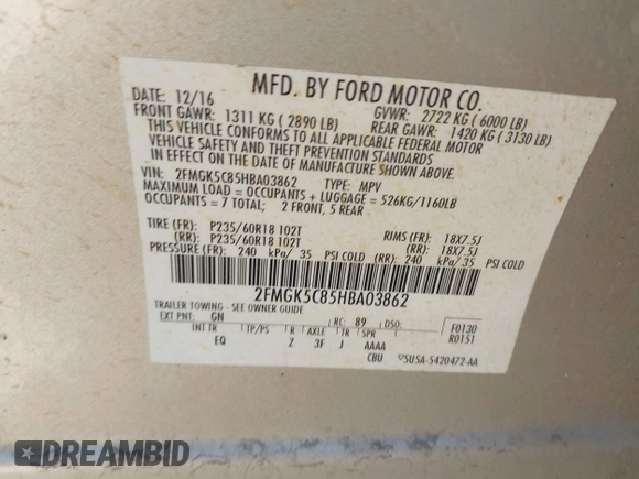 2017 Ford Flex SEL with VIN 2FMGK5C85HBA03862, listed as a IAAI auction lot 40797988 with 109,497 mi miles. Bid and sale history available at carsss.com. Image 9.