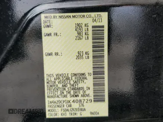2013 Nissan LEAF SV with VIN 1N4AZ0CP1DC408729, listed as a Copart auction lot 57036265 with 72,881 mi miles and Salvage title. Bid and sale history available at DreamBid. Image 12.
