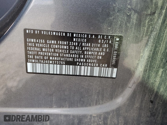 2014 Volkswagen Jetta TDI w/Premium with VIN 3VW3L7AJ4EM273755, listed as a Copart auction lot 52389795 with 184,586 mi miles and Salvage title. Bid and sale history available at DreamBid. Image 12.