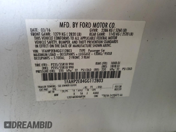 2016 Ford Taurus SEL with VIN 1FAHP2E84GG112803, listed as a Copart auction lot 54372645 with 79,999 mi miles and Salvage Title. Bid and sale history available at DreamBid. Image 13.