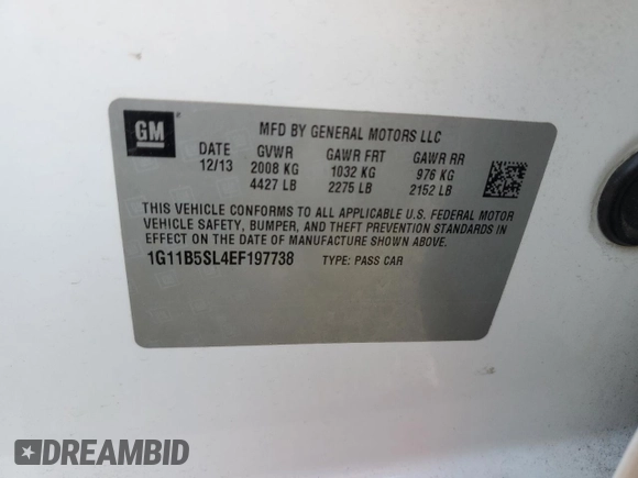 2014 Chevrolet Malibu LS with VIN 1G11B5SL4EF197738, listed as a Copart auction lot 53773195 with 84,985 mi miles and Salvage Title. Bid and sale history available at DreamBid. Image 13.
