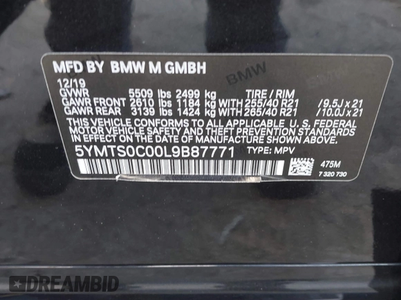 2020 BMW X3 M z VIN 5YMTS0C00L9B87771, wystawiony jako IAAI lot #40475009 z przebiegiem Nie podano mil oraz . Historia ofert i sprzedaży dostępna na DreamBid. Obrazek 9.
