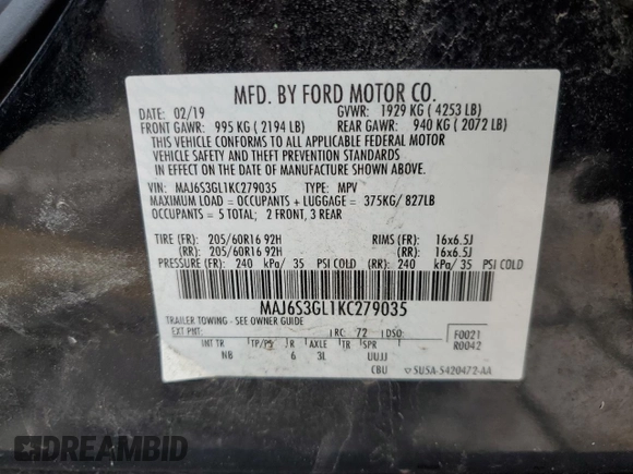 2019 Ford EcoSport SE z VIN MAJ6S3GL1KC279035, wystawiony jako Copart lot #51994075 z przebiegiem 44 566 mil mil oraz Szkoda całkowita • Salvage title. Historia ofert i sprzedaży dostępna na DreamBid. Obrazek 16.