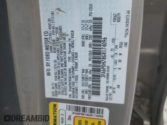 2016 Ford Fusion SE with VIN 3FA6P0H78GR174096, listed as a Copart auction lot 60854535 with Not provided miles and Clean title. Bid and sale history available at DreamBid. Image 12.