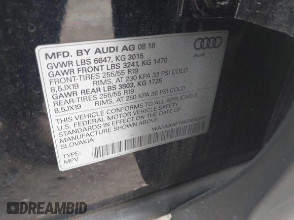 2019 Audi Q7 Premium with VIN WA1AAAF74KD002299, listed as a IAAI auction lot 42066717 with 91,898 mi miles and . Bid and sale history available at DreamBid. Image 9.