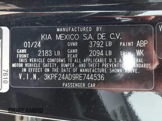 2024 Kia Forte LXS with VIN 3KPF24AD9RE744536, listed as a IAAI auction lot 41935944 with 10,746 mi miles. Bid and sale history available at carsss.com. Image 9.