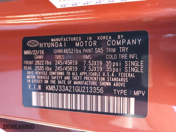 2016 Hyundai Tucson Limited with VIN KM8J33A21GU213356, listed as a Copart auction lot 43653615 with 95,458 mi miles and Clean Title. Bid and sale history available at carsss.com. Image 13.