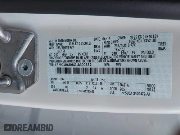 2016 Ford Escape Titanium with VIN 1FMCU9J98GUA00832, listed as a IAAI auction lot 42188941 with 90,764 mi miles and . Bid and sale history available at DreamBid. Image 9.