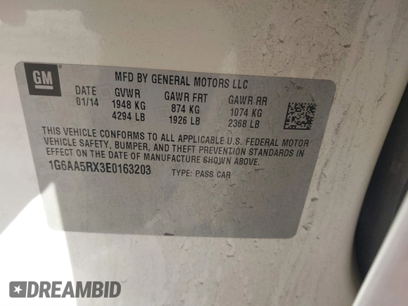 2014 Cadillac ATS Standard RWD with VIN 1G6AA5RX3E0163203, listed as a IAAI auction lot 41294865 with 183,083 mi miles. Bid and sale history available at carsss.com. Image 9.