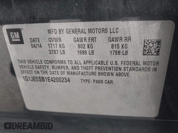 2014 Chevrolet Sonic LTZ with VIN 1G1JE5SB1E4200234, listed as a IAAI auction lot 41850396 with 173,324 mi miles. Bid and sale history available at carsss.com. Image 9.