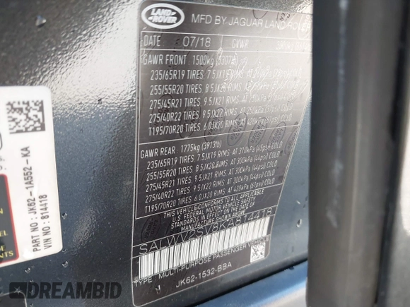 2019 Land Rover Range Rover Sport HSE Dynamic with VIN SALWV2SV8KA814418, listed as a IAAI auction lot 41612418 with 62,409 mi miles. Bid and sale history available at carsss.com. Image 9.