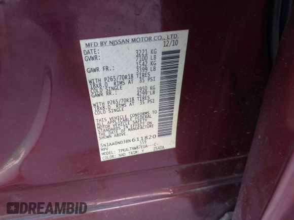 2011 Nissan Armada SV with VIN 5N1AA0ND3BN611820, listed as a IAAI auction lot 41726185 with 246,448 mi miles and . Bid and sale history available at DreamBid. Image 9.
