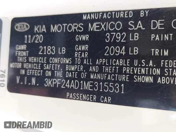 2021 Kia Forte LXS z VIN 3KPF24AD1ME315531, wystawiony jako IAAI lot #42286920 z przebiegiem 88 727 mil mil oraz . Historia ofert i sprzedaży dostępna na DreamBid. Obrazek 9.