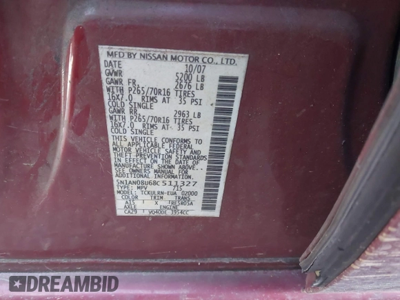 2008 Nissan Xterra S with VIN 5N1AN08U68C511327, listed as a IAAI auction lot 41495514 with Not Provided miles and . Bid and sale history available at DreamBid. Image 9.