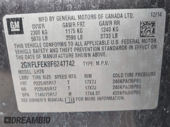 2015 Chevrolet Equinox LT with VIN 2GNFLFEK8F6247742, listed as a IAAI auction lot 42091616 with 220,892 mi miles and . Bid and sale history available at DreamBid. Image 9.
