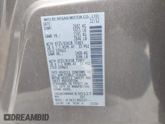 2013 Nissan Pathfinder SV с VIN 5N1AR2MM6DC630527, выставлен на аукционе IAAI как лот 41241198 с пробегом 164 955 миль миль и . История ставок и продаж доступна на DreamBid. Изображение 9.
