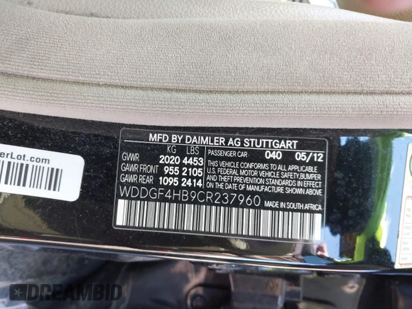 2012 Mercedes-Benz C-Class C 250 Sport with VIN WDDGF4HB9CR237960, listed as a IAAI auction lot 41816875 with 126,524 mi miles. Bid and sale history available at carsss.com. Image 9.