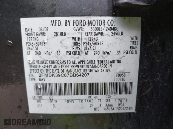 2007 Ford Edge SEL PLUS with VIN 2FMDK39C87BB64207, listed as a IAAI auction lot 42085478 with 193,252 mi miles. Bid and sale history available at carsss.com. Image 9.