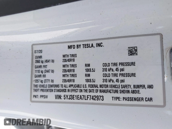 2020 Tesla Model 3 Standard Range Plus with VIN 5YJ3E1EA7LF742973, listed as a IAAI auction lot 41409285 with 48,993 mi miles and . Bid and sale history available at DreamBid. Image 9.