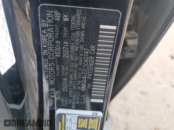 2020 Kia Optima Hybrid EX with VIN KNAGU4LE2L5040747, listed as a Copart auction lot 49505515 with 66,315 mi miles and Salvage Title. Bid and sale history available at carsss.com. Image 13.