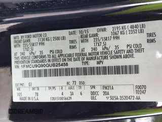 2016 Ford Escape SE with VIN 1FMCU9G90GUB25458, listed as a IAAI auction lot 41643349 with 158,439 mi miles and . Bid and sale history available at DreamBid. Image 9.