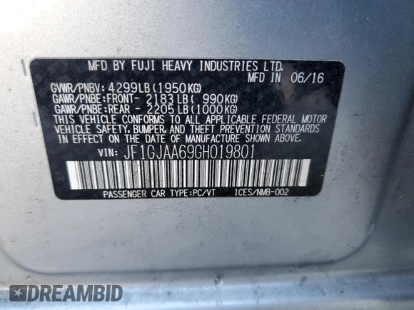 2016 Subaru Impreza с VIN JF1GJAA69GH019801, выставлен на аукционе Copart как лот 45104995 с пробегом 86 769 миль миль и Списание • Salvage title. История ставок и продаж доступна на DreamBid. Изображение 12.