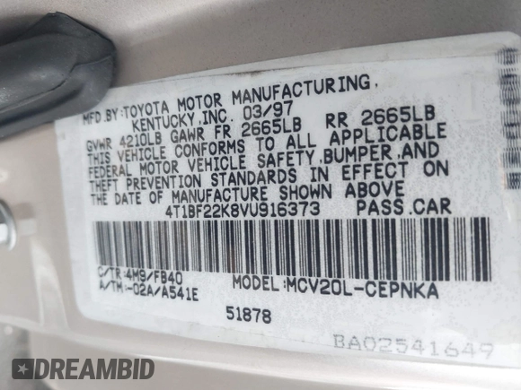 1997 Toyota Camry LE z VIN 4T1BF22K8VU916373, wystawiony jako IAAI lot #41915751 z przebiegiem 259 818 mil mil oraz . Historia ofert i sprzedaży dostępna na DreamBid. Obrazek 9.