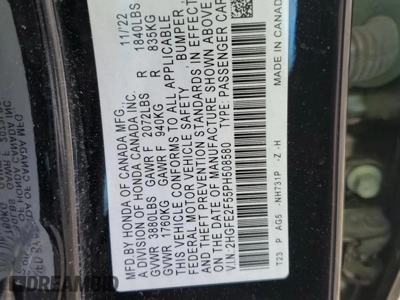 2023 Honda Civic Sport z VIN 2HGFE2F55PH508580, wystawiony jako Copart lot #53041855 z przebiegiem 59 509 mil mil oraz Szkoda całkowita • Salvage title. Historia ofert i sprzedaży dostępna na DreamBid. Obrazek 14.