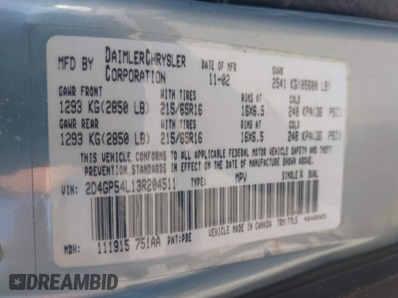 2003 Dodge Grand Caravan with VIN 2D4GP54L13R204511, listed as a IAAI auction lot 41488468 with 149,188 mi miles and . Bid and sale history available at DreamBid. Image 9.